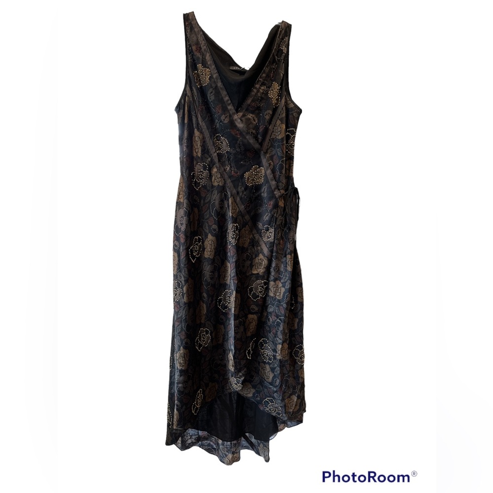 Adrianna Papell silk beaded wrap dress 14 black floral semi formal cocktail
